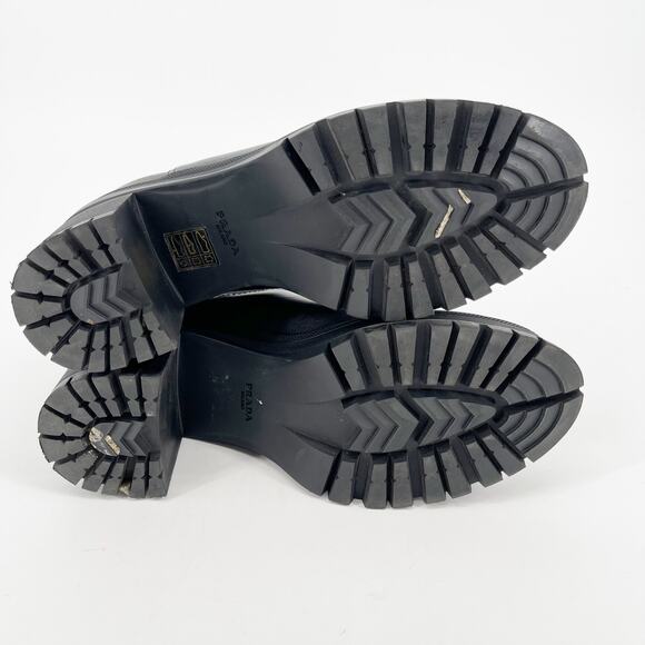 Prada Black Leather Double Gore Lug Sole Block Heel Chelsea Ankle Boot IT 37 - Picture 13 of 16